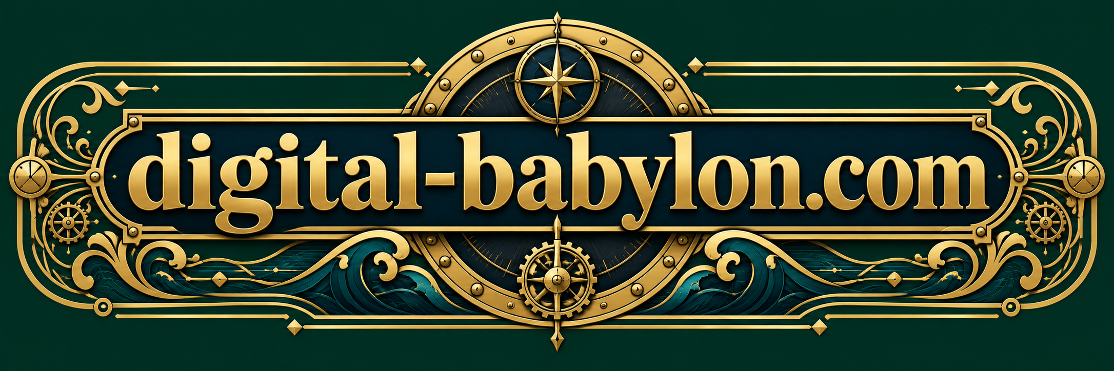 digital-babylon.com — gold nautical compass, gears and ocean waves on emerald